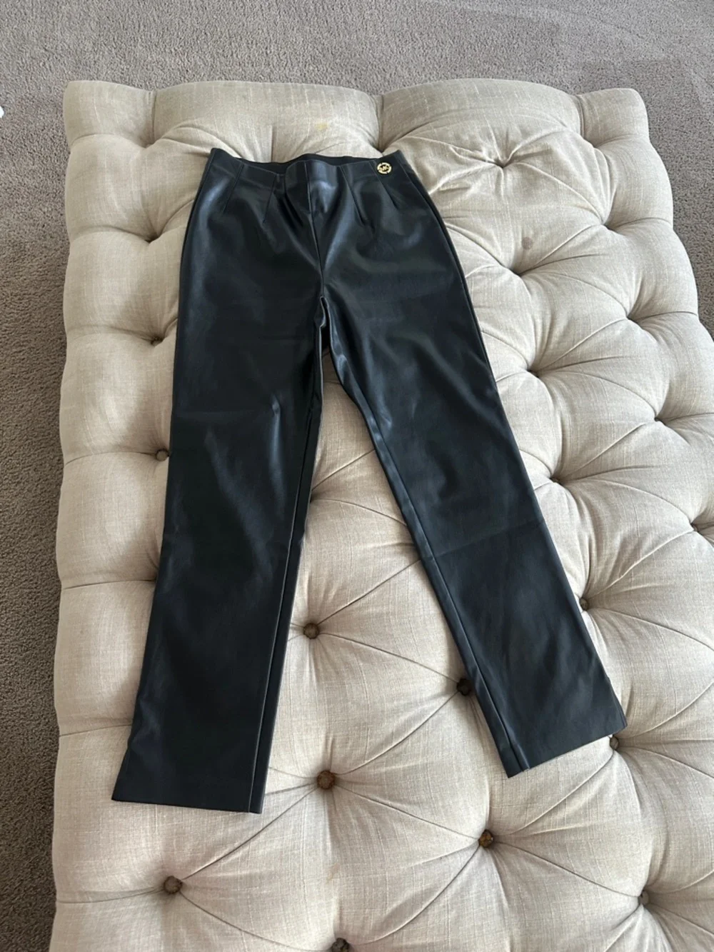Michael Kors Black Faux Leather Tapered Pants with Gold Logo